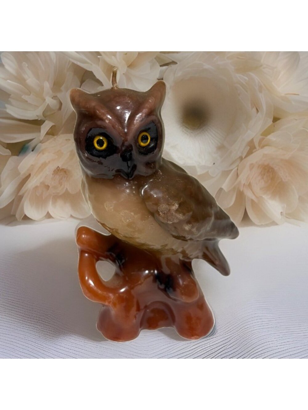 Vintage Owl Wax Candle Figurine 5.25” Height Perched Owl Brown Unburned 1970s